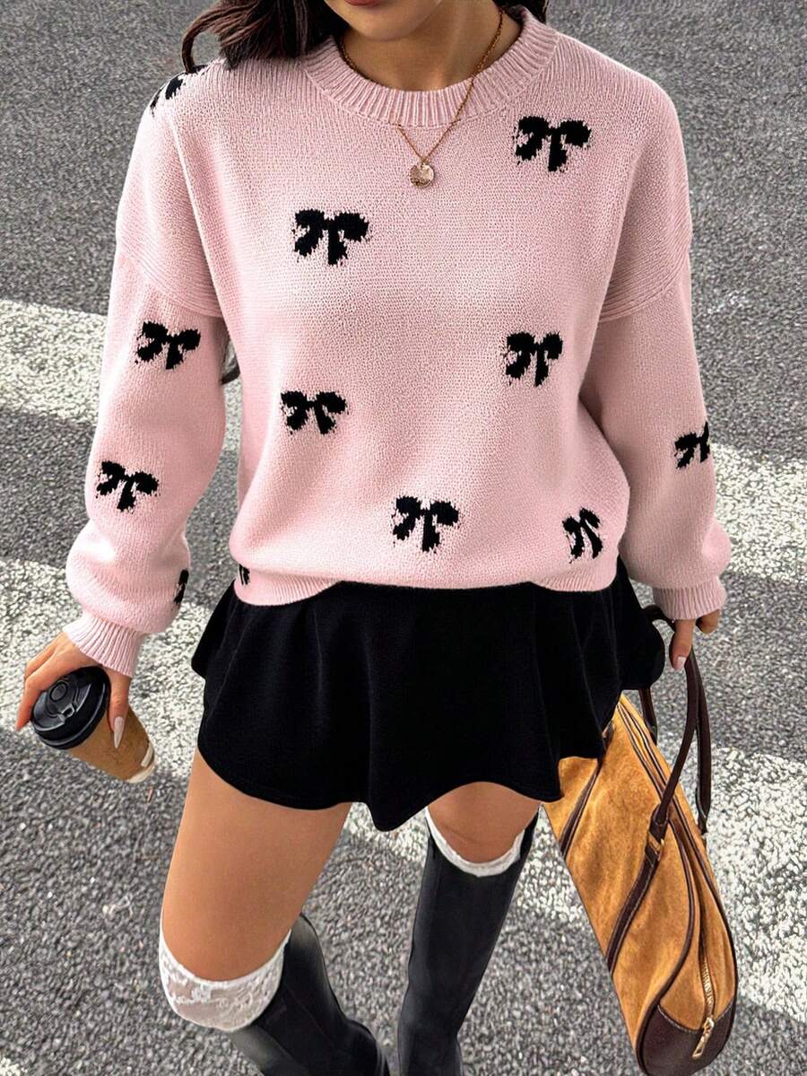EMERY ROSE 2024 New Arrival European & American Blogger Style Cute Bow Design Casual Pullover Sweater, Age-Reducing Knit Pullover Fall Winter - Multicolor - View 1