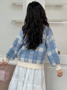 Dazy Kids 女童格子圆领长袖毛衣，秋季 - 藍色 - 查看 3