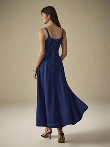 SHEIN LUNE 女式休闲束腰牛仔吊带连衣裙，夏季 - 藍色 - 查看 3