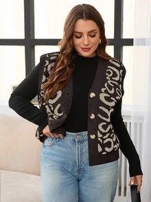 SHEIN Frenchy Plus Size Casual Leopard Print Knitted Vest Cardigan Sleeveless Cardigan Sweater Vest For Women Women Vest Vests For Women In Fall/Winter