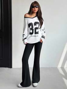 SHEIN 少女字母数字星星印花圆领长袖 T 恤和针织紧身喇叭裤黑色两件套 - 黑色 - 查看 3