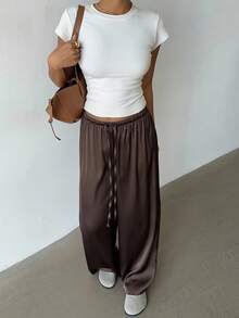 Aloruh 女式低腰休闲复古缎面百搭棕色麻灰色秋季女裤女式秋季波西米亚风裤缎面裤真丝裤棕色缎面裤阔腿缎面裤女式缎面裤万圣节秋冬女装秋季女装万圣节服装秋季服装万圣节女装秋季服装女士秋季服装 Y - 棕色 - 查看 4