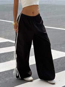 Muchica 黑色侧条纹宽松休闲百搭梭织运动裤 - 黑色 - 查看 3