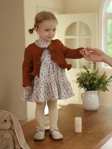 Vintaside Kids 2 件套女婴花卉印花长袖连衣裙和夹克套装，休闲时尚，适合春秋季日常穿着 - 彩色 - 查看 1