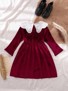 SHEIN Elladie kids Young Girls' Burgundy Velvet Dress, Autumn Christening Elegant Nancy Red Christmas Dress Featuring White Lace Trim Collar, Soft Lustrous Kids - Burgundy - View 2