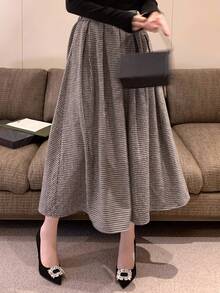 DAZY Falda plisada de línea A de estilo casual con estampado de pata de gallo para mujer, otoño