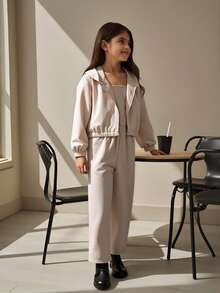 女大童拉鏈開襟連帽夾克&吊帶連體褲 - 卡其色 - 查看 10