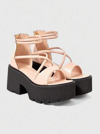 Women's Black Punk Gothic Platform Sandals, Retro Roman Criss-Cross Straps Peep Toe Thick Heel High Heels