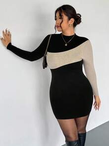 Firerie Robe longue à manches longues pour femmes grande taille, style color block élégant, romantique à la française, minimaliste, pour le travail et le quotidien. Robe col montant en tricot côtelé, robe bicolore, robe moulante pour femmes, pour l'automne/l'hiver