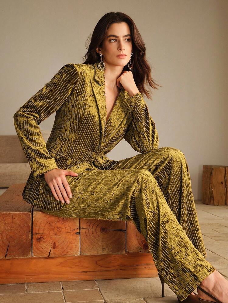 Vintage Coin Striped Dignified & Elegant Fitted V-Neck Party Evening Suit Set For Women, Fall Clothes For Women, Sequin, Elegant