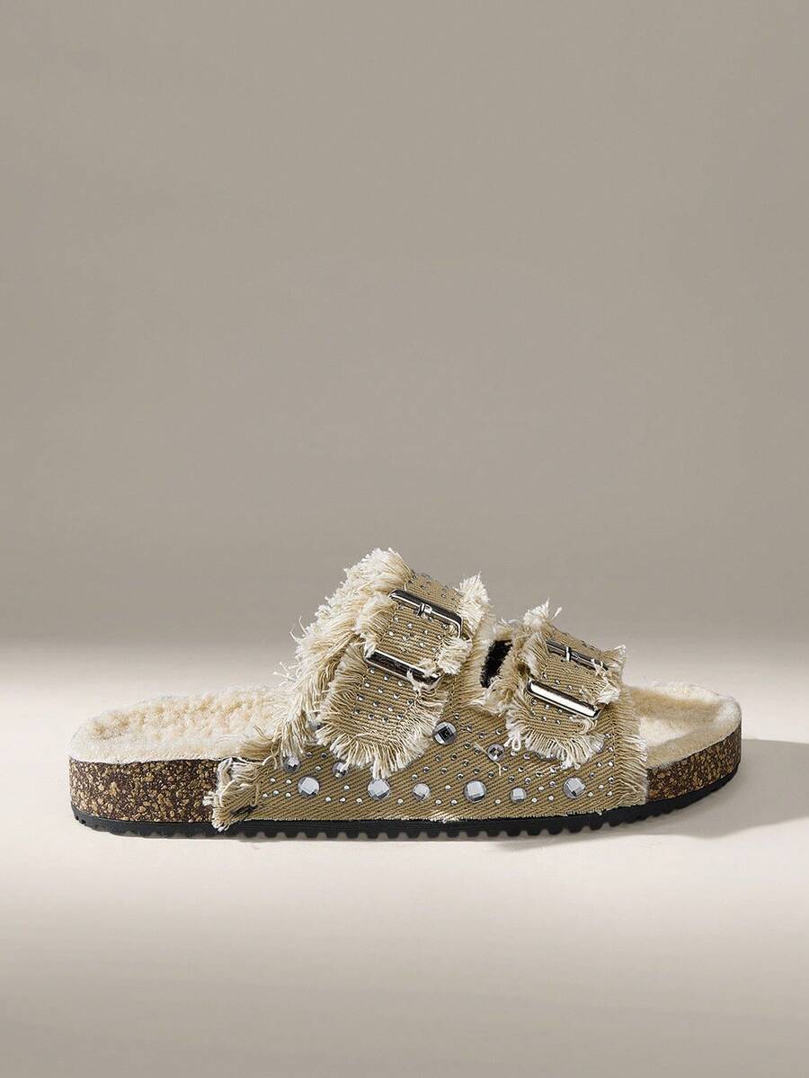 Solecia 女士圆头布洛克鞋，带流苏和满钻，双扣带平底舒适鞋，适合日常、派对、通勤、时尚百搭 - 卡其色 - 查看 1