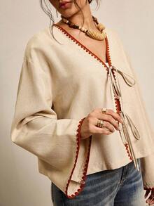 Freevana 大码女式碎花前系带落肩长袖宽松衬衫 - 杏色 - 查看 5