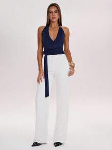 SHEIN BAE Women's Sexy Deep V Wrap Backless Halter Top, Summer - Navy Blue - View 6