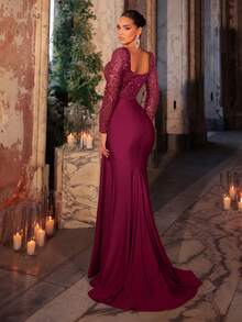 Glamrae Elegante e lussuoso abito in maglia stretch con maniche lunghe in tulle, orlo a sirena arricciato, decorato con paillettes e perline, adatto per matrimoni, feste, vacanze, gala, eventi formali (decorazione pesante)