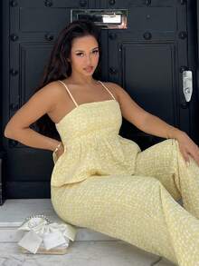 NegzBox 2件套女士优雅提花吊带背心和裤子套装，夏季 - 黃色 - 查看 3