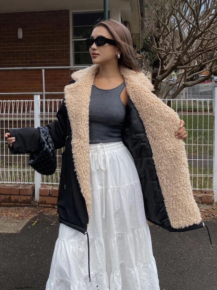 Autumn/Winter Loose Casual Street Style Drawstring Waist Tie-Up Cinched Waist Fashion Oversized Fur Collar Color Block Pocket Decor Women Cotton Jacket Coat