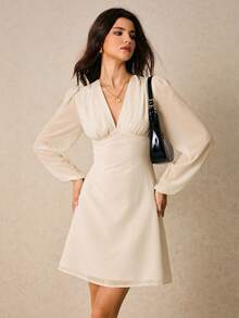 Poéselle Sukienka damska w jednolitym kolorze z dekoltem w serek i rękawami typu latarnia, z marszczeniami, elegancka