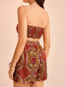 CAJUNI Set Atasan Bandeau dan Celana Pendek Pantai Motif Mata Hati untuk Liburan Pantai Wanita - MultiWarna - View 2