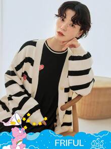 SHEIN X Care Bears FRIFUL 女式 V 领宽松条纹落肩宽松刺绣纽扣前开衫 - 黑與白 - 查看 7