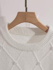 EMERY ROSE Rhombus Pattern Beaded Round Neck Long Sleeve Pullover Sweater Fall Winter Cloth For Women - White - View 3