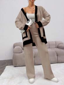 EURMUSE Women's Open Front Colorblock Cardigan And Knitted Pants Set - Multicolor - View 5