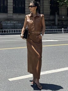 DAZY Bộ 2 món áo vest và chân váy dài bằng da PU thời trang thu đông dành cho nữ - màu nâu - Xem 3