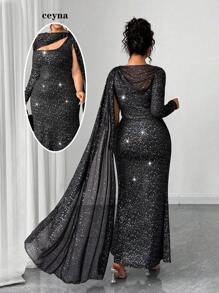 Elenzga Plus Size Women's Bodycon One Shoulder Cape Maxi Dress,Elegant Black Glitter Sequin Formal Evening Party Dress,Autumn Formal Gown - Black - View 1