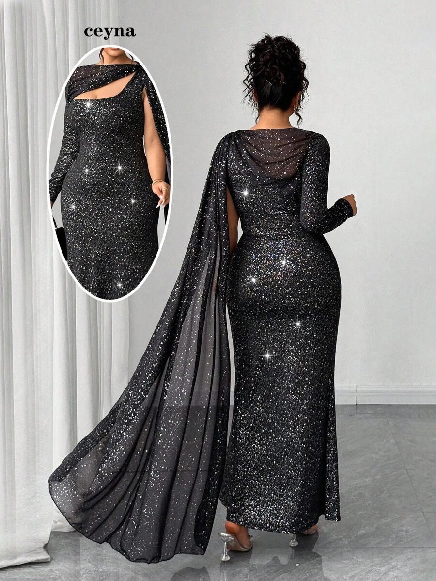 Elenzga Plus Size Women's Bodycon One Shoulder Cape Maxi Dress,Elegant Black Glitter Sequin Formal Evening Party Dress,Autumn Formal Gown - Black - View 1