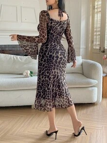 DAZY 优雅豹纹单肩喇叭袖连衣裙，女士秋季连衣裙 - 咖啡棕 - 查看 2