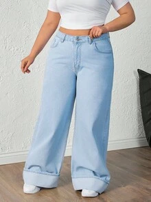 RueChic 高腰阔腿牛仔裤 休闲风 - 淺色水洗藍 - 查看 7