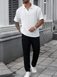 Manfinity CasualCool Plus Size Men's Solid Color White Casual Versatile Short Sleeve Polo Shirt, Summer