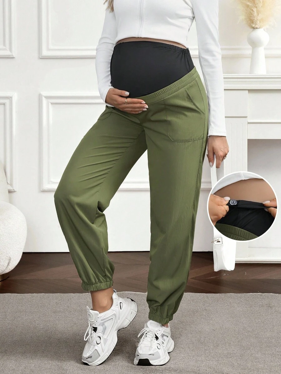 SHEIN Maternity 2 In 1 Dual Waistband Pocket Design Pants - Army Green - View 1