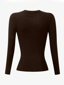 INAWLY Áo thun cổ tròn dài tay ôm sát màu cà phê cỡ lớn cho nữ - Cà phê nâu - Xem 2