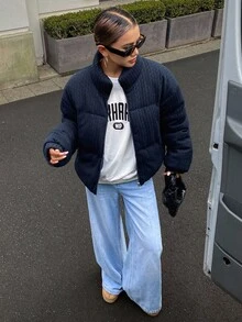 DAZY 女式宽松高领拉链休闲街头装夹棉外套，秋冬夹克 - 藍色 - 查看 5