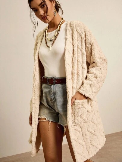 SHEIN VCAY 大码纯色保暖口袋休闲长袖开衫，秋冬