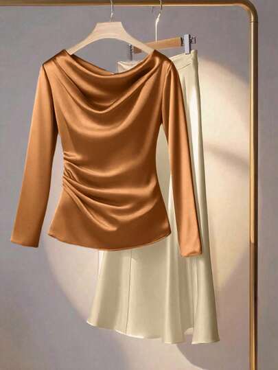 GlowEve Swing Collar Long Sleeve Ruched Waist Blouse & A-Line Skirt 2 Pieces Set For Women