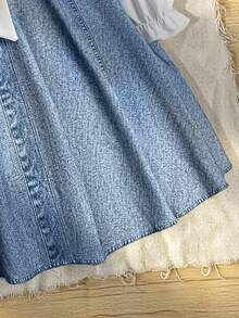 Young Girl Bow Decor Patchwork Denim Effect Long Sleeve Cute Dress - Multicolor - View 5