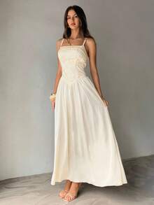 Aloruh Women's Elegant Mesh Embroidered Patchwork Waist Flared Satin Solid Maxi Dress, Beige - Apricot - View 6