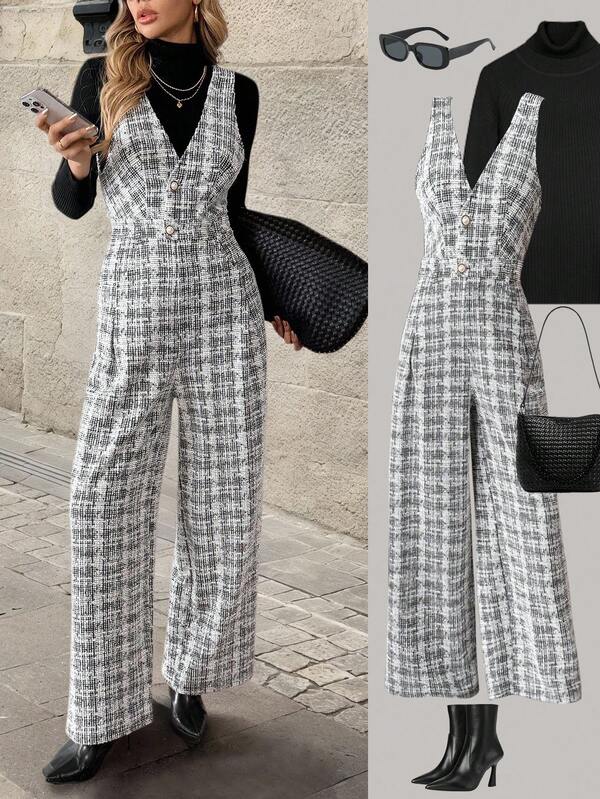 Elyressa Women's Fashion Plaid Sleeveless Jumpsuit, Suitable For Commuting