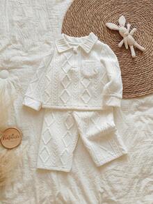 SHEIN 2pcs/Set Toddler Boys' Casual Versatile Polo Collar Long Sleeve Top And Pants Set, Suitable For Spring, Autumn, Winter, Daily Wear Fall - White - View 4