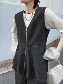 FRIFUL Women's Wool Vest And Pants Set, Solid Color Casual City Style With Metal Trim Decoration