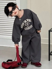 DAZY 2 件套儿童男童羊毛运动衫和裤子休闲运动套装，宽松字母印花，秋季 - 深灰色 - 查看 6