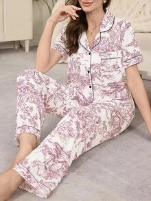 Serenescape Chinese Style Portrait Landscape Print Short Sleeve Pajama Set With Turndown Collar - Pink - View 4