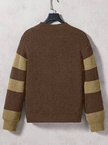 SHEIN Kontrastowy sweter z okrągłym dekoltem, luźny, swobodny sweter dla nastolatków - Wielokolorowe - Zobacz 2