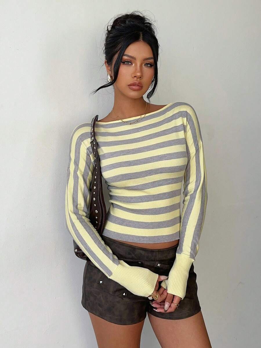 Aloruh Women's Autumn/Winter New Arrival Turtleneck Long Sleeve Yellow Striped Slim Fit Ribbed Sweater,Fall