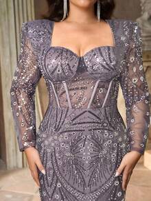 Aureia Elegantes Luxus-Abendkleid in Große Größen mit tiefem Ausschnitt, transparenten Ärmeln, Taille mit Perlen und Pailletten und Meerjungfrauensaum, geeignet für Hochzeitsgäste, Partys, formelle Anlässe, Bankette - Grauviolett - Übersicht 3