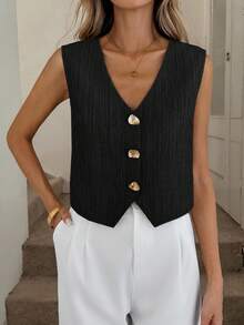Easowa 女式 V 领不对称下摆金属纽扣前部休闲宽松通勤复古风格衬衫黑色纽扣背心 V 领背心上衣优雅黑色背心黑色背心上衣女式黑色背心 - 黑色 - 查看 3