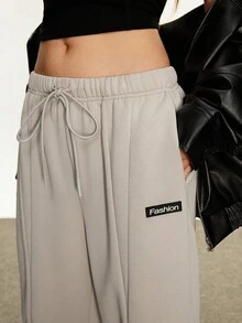 Rina Fox 女式字母图案抽绳腰口袋阔腿休闲运动裤 - 淺灰色 - 查看 6