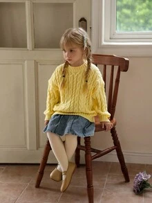 Young Girl Casual Twist Cable Pattern Drop Shoulder Long Sleeve Sweater, Autumn Fall Winter - Yellow - View 3