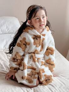 SHEIN 小女孩毛绒连帽长袖系带睡袍睡衣，熊图案羊毛厚家居服，兄弟姐妹/家庭装 - 卡其色 - 查看 8